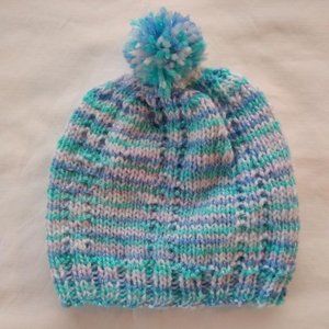 HandKnit Baby Cap Blue Multicolor with PomPom 0-3 Mon Infant Beanie